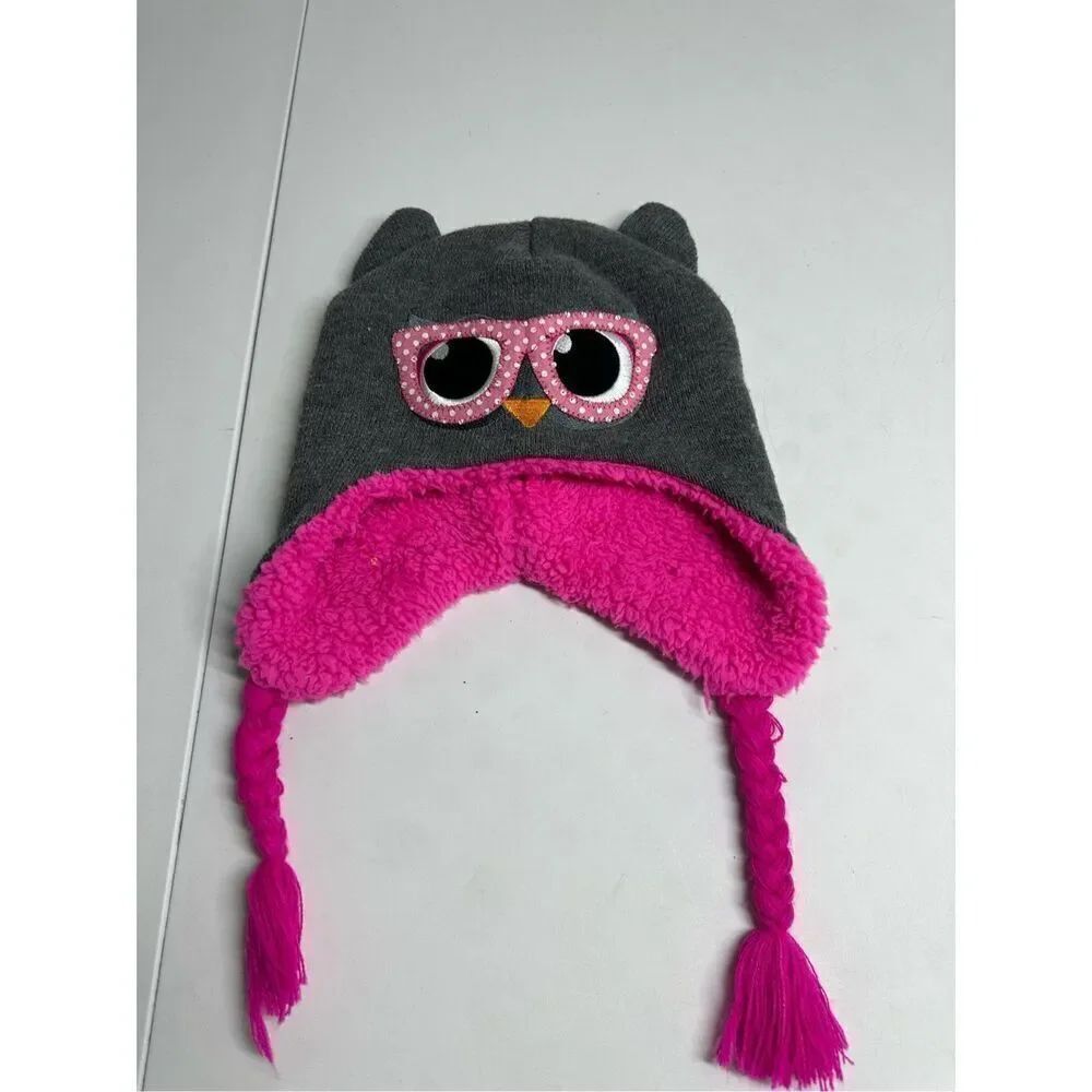 Girl Owl Beanie Hat Gray Pink Lined Fleece One Size